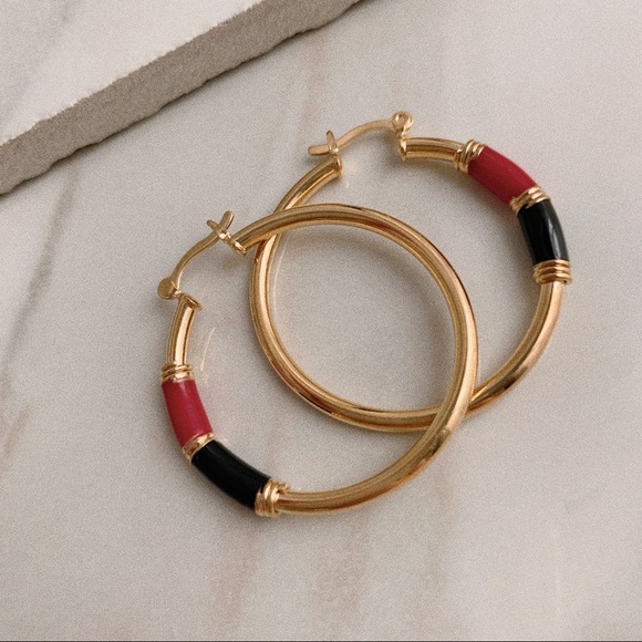 Red Black Enamel Tube Hoops | 18k Gold Filled - Picture 5 of 6